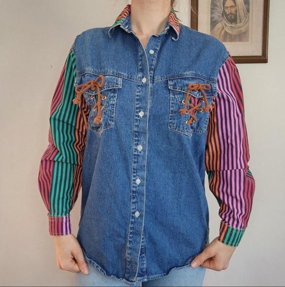 Vintage Denim Striped Sleeve Button Down Size Small - Picture 1 of 4